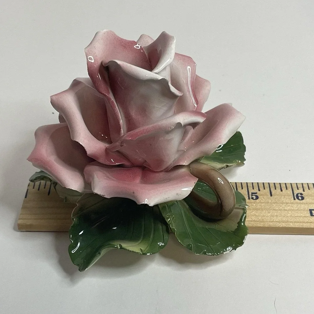 Capodimonte Glazed Porcelain Rose Candle Holder Made In Italy Set 2 1950s VTG
